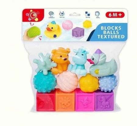 Jucarii pentru Bebe (0–2 ani) - Set jucării senzoriale pentru bebeluși 12 piese cu mingi și cuburi texturate