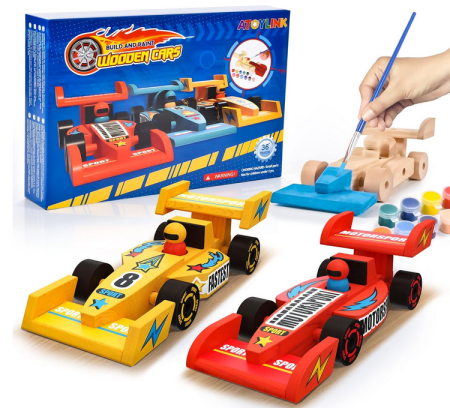 Cadouri de Sarbatori - Set mașinuțe din lemn Formula 1 – 3 bucăți cu vopsele și autocolante
