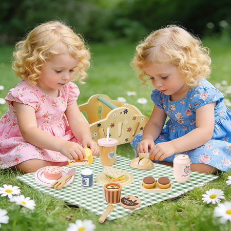 Set Picnic din Lemn cu Coș, Alimente și Accesorii de Servire, 23 Piese - 3 ani + [1]