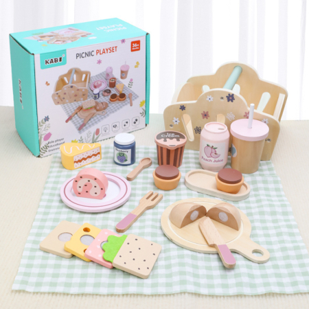 Toate Jucariile pentru Copii - Set Picnic din Lemn cu Coș, Alimente și Accesorii de Servire, 23 Piese - 3 ani +