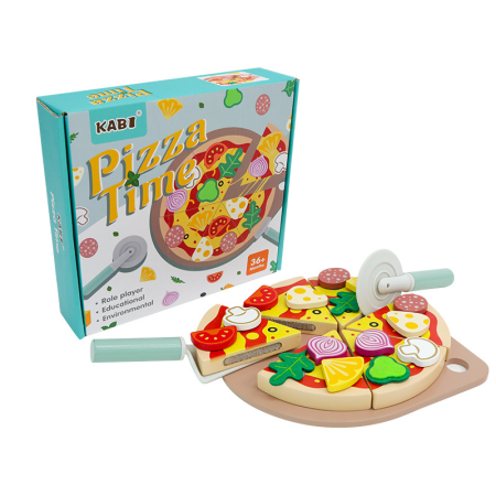 Jucarii Interactive & Sensoriale - Set pizza din lemn pentru feliat cu accesorii și joc de rol, 24 piese