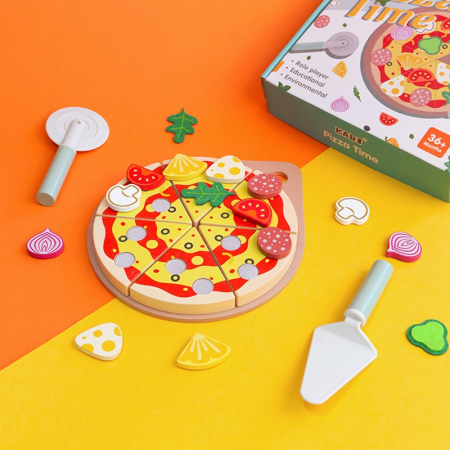 Set pizza din lemn pentru feliat cu accesorii și joc de rol, 24 piese [1]