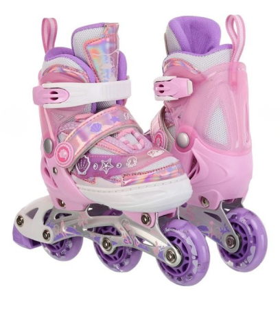 Role si Skateboard - Set role copii reglabile cu roți luminoase și protecții incluse - roz