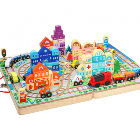 Set trenulet si cuburi constructie din lemn - Track Box City portabil