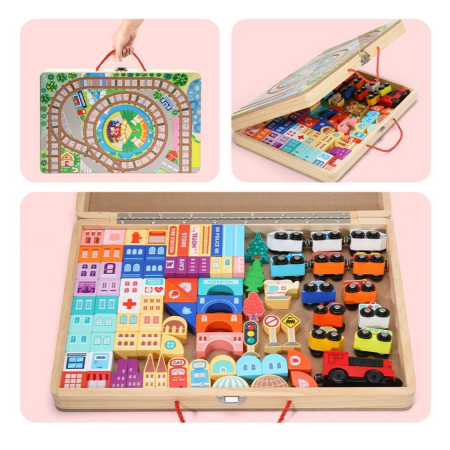 Set trenulet si cuburi constructie din lemn - Track Box City portabil [4]