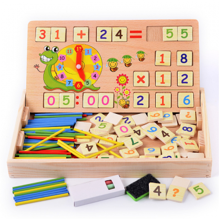 Tabla educativa din lemn 2 in 1 – Scris, desen si invatare matematica pentru copii