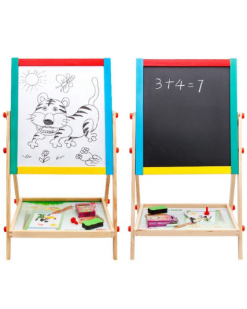 Jucarii educative - Tabla magnetica din lemn 2-in-1 tip sevalet, cu marker & creta
