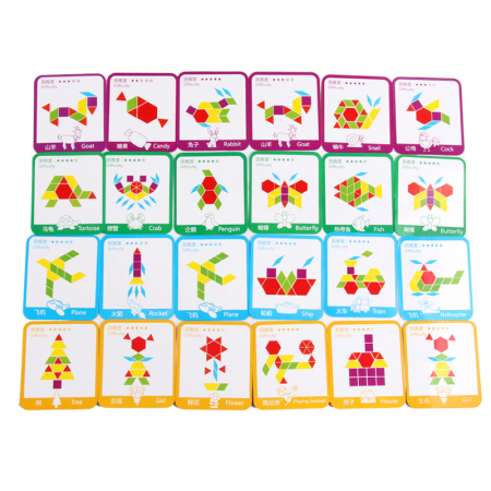 Tangram din lemn cu 155 piese colorate – Joc educativ Montessori pentru copii [3]