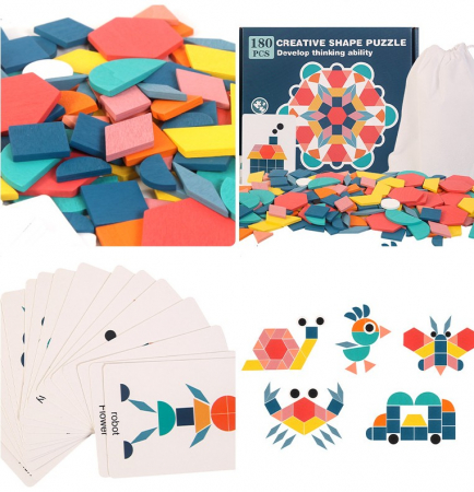 Tangram din lemn cu 180 piese colorate – Joc educativ Montessori pentru copii [1]