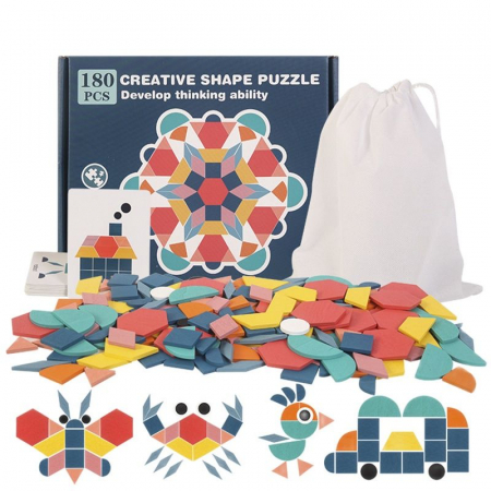 Tangram din lemn cu 180 piese colorate – Joc educativ Montessori pentru copii