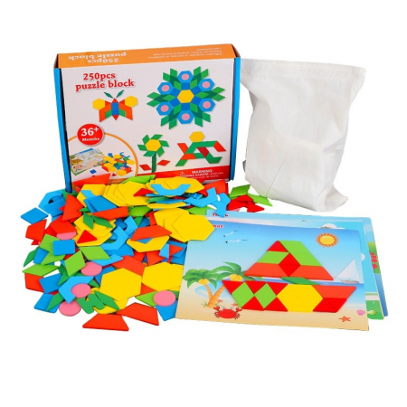 Tangram din lemn cu 250 piese colorate – Joc educativ Montessori pentru copii