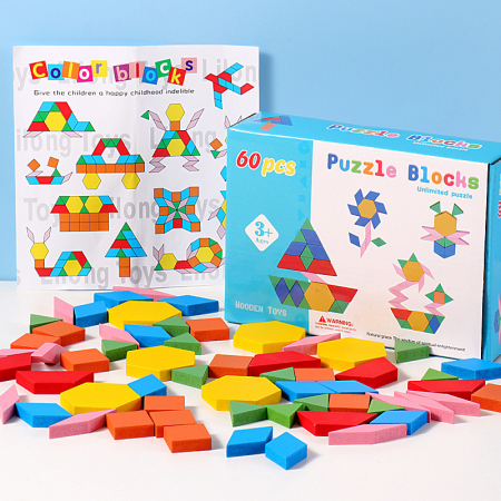 Tangram din lemn cu 60 piese colorate – Joc educativ Montessori pentru copii