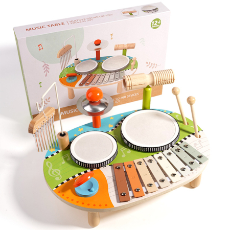 Jucarii Interactive & Sensoriale - Toba Muzicala din Lemn – Set Instrumente Montessori 6-in-1 pentru Copii