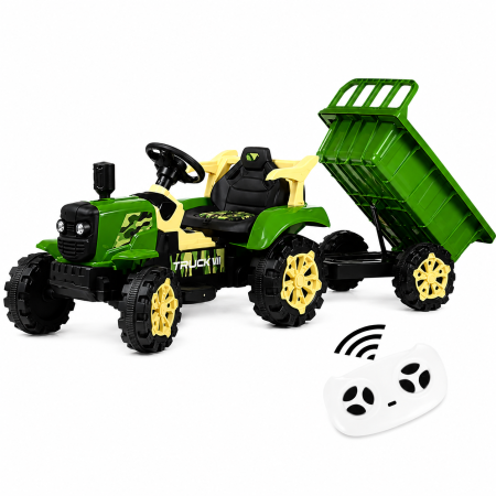 Trotinete & Triciclete pentru Copii - Tractor electric pentru copii 12V cu remorcă detașabilă și telecomandă parentală - Verde