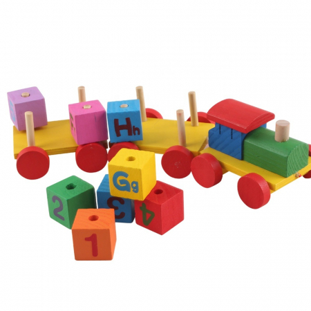 Tren din lemn cu cuburi rotative – cifre și litere | ZukiToys.ro
