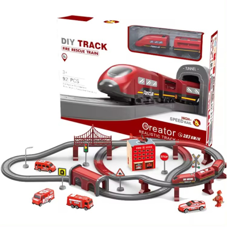 Toate Jucariile pentru Copii - Tren electric Interactiv cu Tematica Pompieri – 92 piese 3+