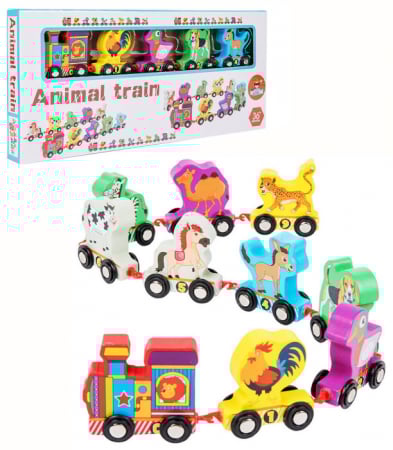 Jucarii sub 50 lei - Trenulet din lemn cu animale – 10 piese educative | ZukiToys.ro