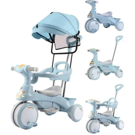 Tricicletă multifuncțională cu mâner de împins, lumini, sunete și acoperiș - Albastru [1]