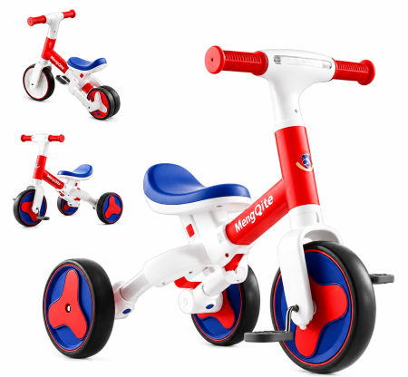 Trotinete & Triciclete pentru Copii - Tricicletă și bicicletă de echilibru 2 în 1, cu muzică, lumini și pedale detașabile - Albastru cu Roșu