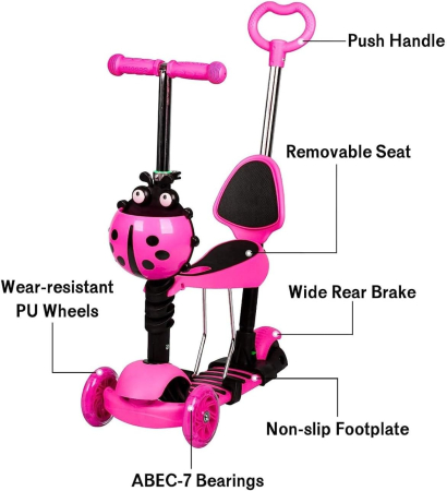 Trotinetă 5 în 1 buburuza cu scaunel – ( roz ) [2]