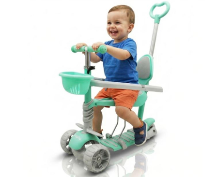 Trotinetă pliabilă 5 în 1 cu scaun, ghidon reglabil și mâner parental - Verde [1]