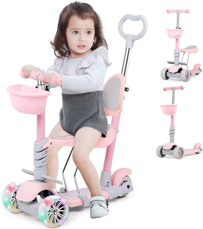 Trotinetă pliabilă 5 în 1 cu scaun, ghidon reglabil și mâner parental - Roz [1]