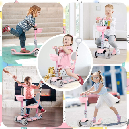 Trotinetă pliabilă 5 în 1 cu scaun, ghidon reglabil și mâner parental - Roz [3]