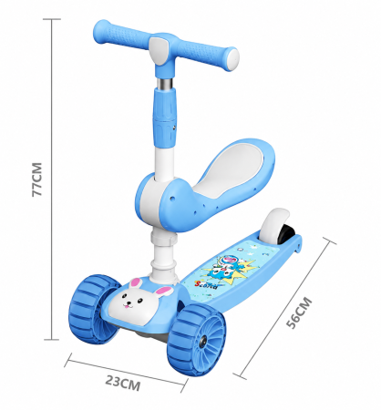Trotinetă pliabilă Bunny Ride 3 în 1 cu scăunel și lumini LED – Bleu [1]