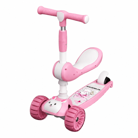 Trotinete & Triciclete pentru Copii - Trotinetă pliabilă Bunny Ride 3 în 1 cu scăunel și lumini LED – Roz