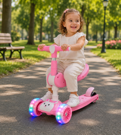 Trotinetă pliabilă Bunny Ride 3 în 1 cu scăunel și lumini LED – Roz [1]