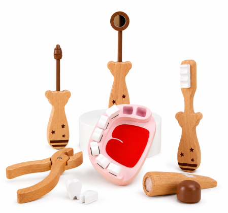 Jucarii Educative & Invatare - Trusă stomatologică din lemn – Set educativ de dentist cu 6 accesorii