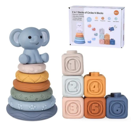 Jucarii pentru Bebe (0–2 ani) - Turn de stivuire și sortare din silicon cu forme și cuburi senzoriale - model Elefant