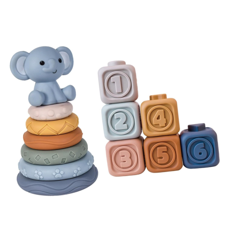 Turn de stivuire și sortare din silicon cu forme și cuburi senzoriale - model Elefant [3]