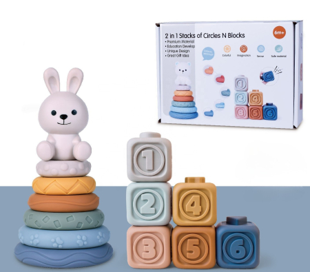 Jucarii pentru Bebe (0–2 ani) - Turn de stivuire și sortare din silicon cu forme și cuburi senzoriale - model Iepuraș