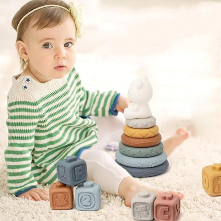 Turn de stivuire și sortare din silicon cu forme și cuburi senzoriale - model Ursuleț [1]