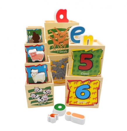 Turn Montessori din lemn – Set 8 cuburi educative cu forme, cifre si animale [1]