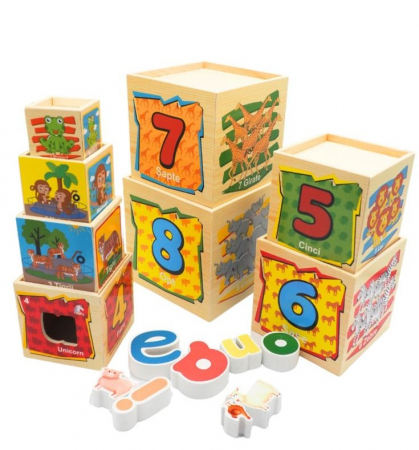 Turn Montessori din lemn – Set 8 cuburi educative cu forme, cifre si animale