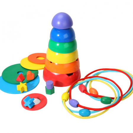 Jucarii educative - Turn Rainbow din lemn – Joc de stivuire cu forme geometrice | ZukiToys.ro