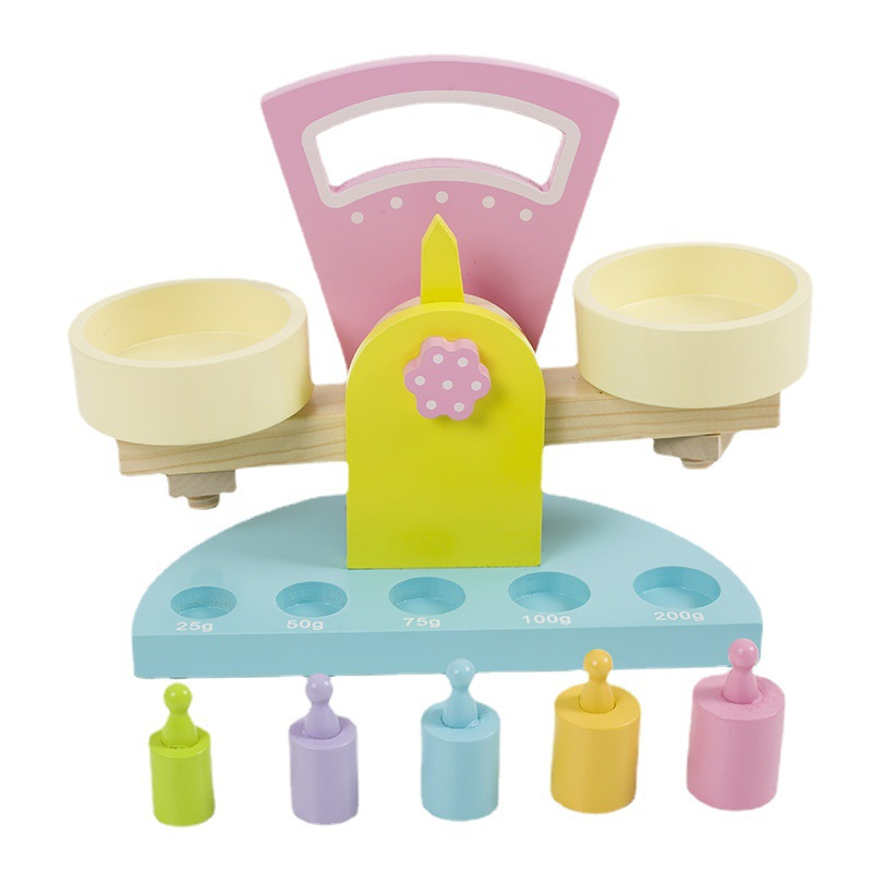 Balanta din lemn cu 5 greutati colorate - Joc educativ Montessori   ZukiToys.ro