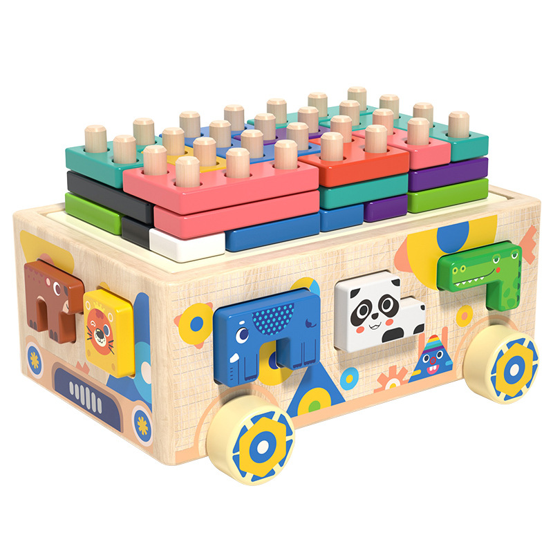 Jucarie din lemn tip camion cu sortator forme geometrice si animalute
