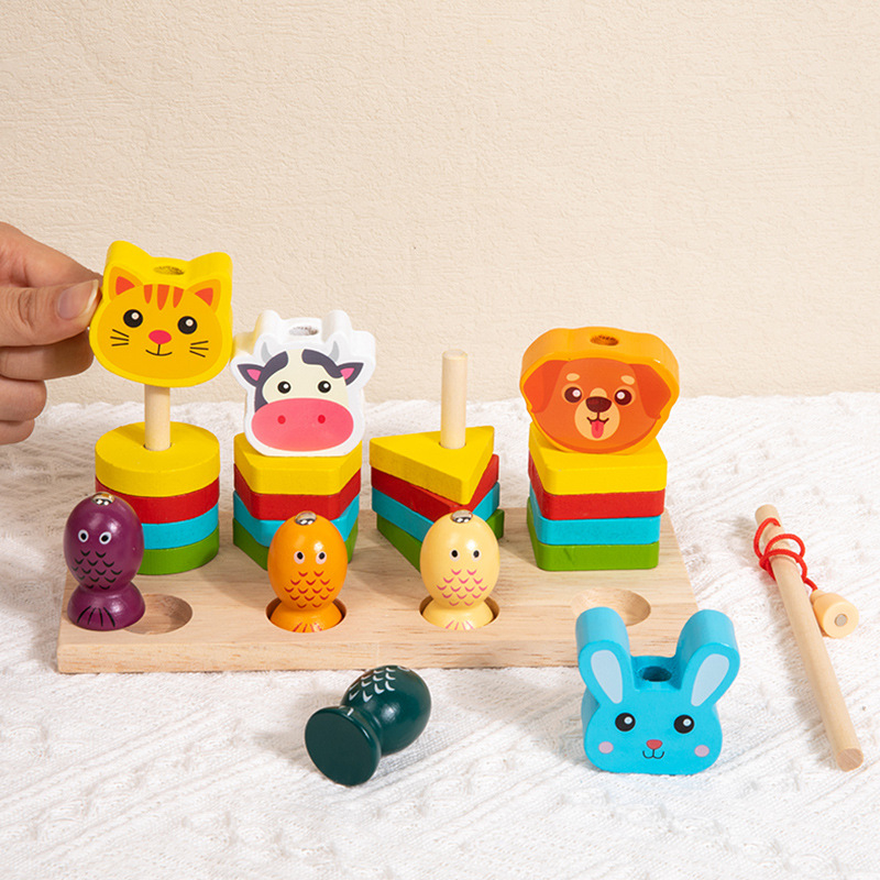 Joc din lemn Montessori 2 in 1 - pescuit magnetic si sortator forme si animale colorate pentru copii