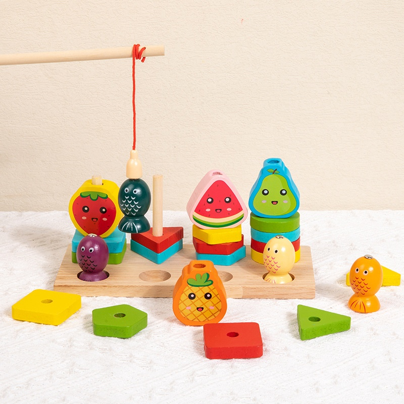 Joc din lemn Montessori 2 in 1 - pescuit magnetic si sortator forme si fructe colorate pentru copii