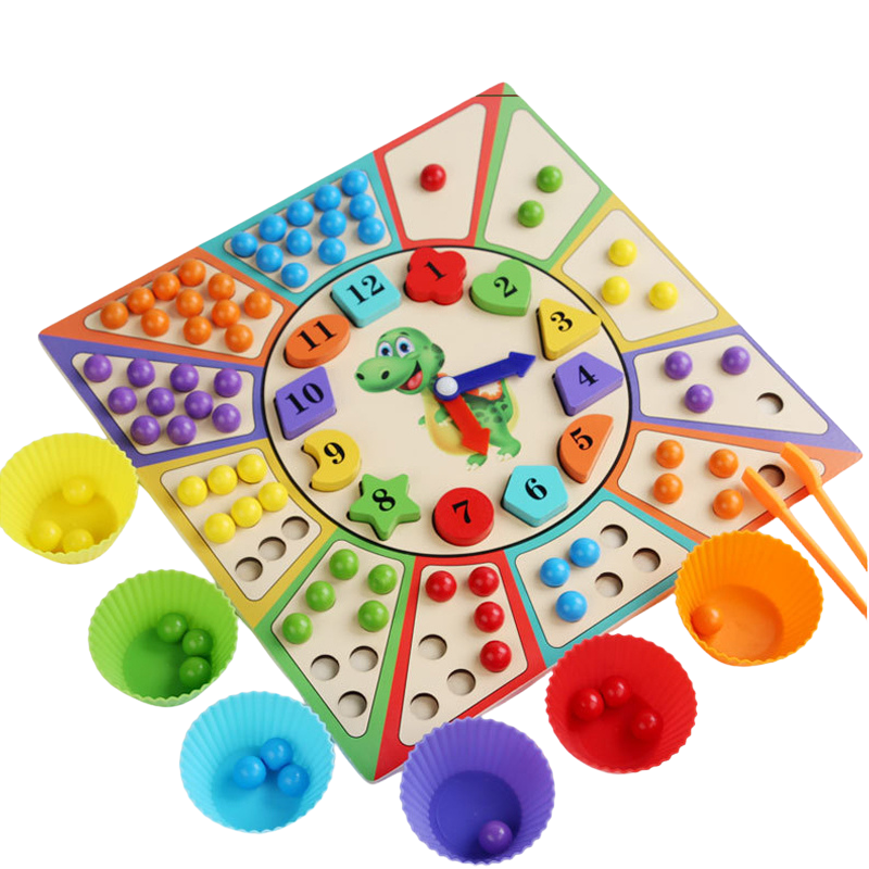 Joc indemanare si asociere culori cu bile colorate si ceas din lemn - Montessori 3 ani+