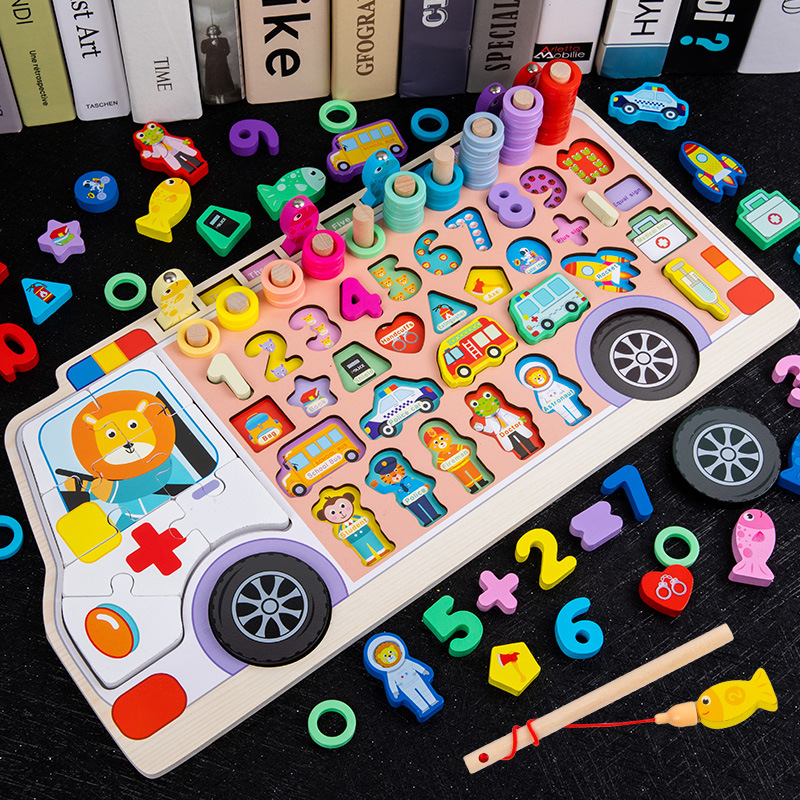 Joc logaritmic lemn tip ambulanta - Sortator cifre, forme si inele, Montessori 3 in 1