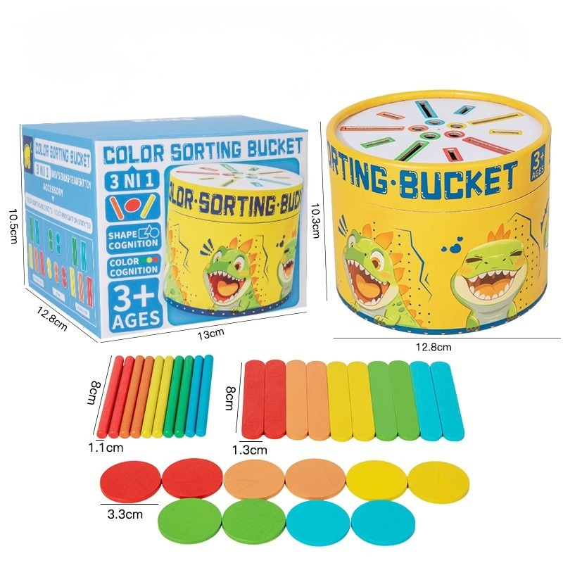 Jucarie Montessori 3 in 1 Dinozaur - sortare culori si motricitate fina