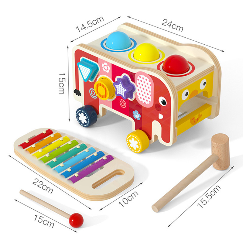 Jucarie Montessori camion 3 in 1 din lemn - xilofon, ciocanel si sortator forme