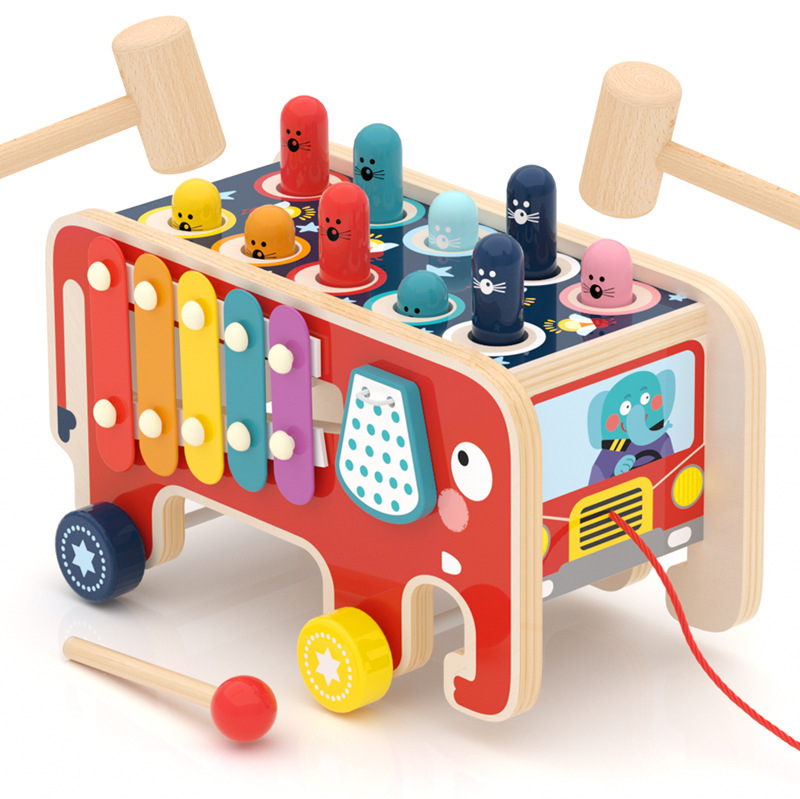 Jucarie Montessori motricitate 4 in 1 - elefant din lemn cu xilofon si sortator forme