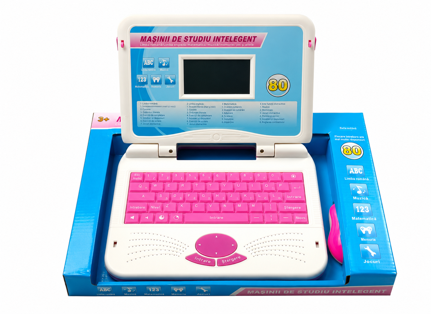 Laptop educativ interactiv pentru copii cu 80 activitati bilingve roz
