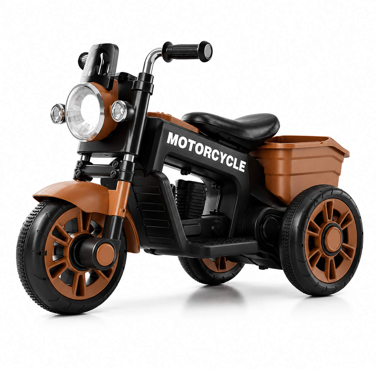 Motocicleta electrica retro 12V cu 3 roti, scaun din piele ecologica si compartiment de depozitare - Maro