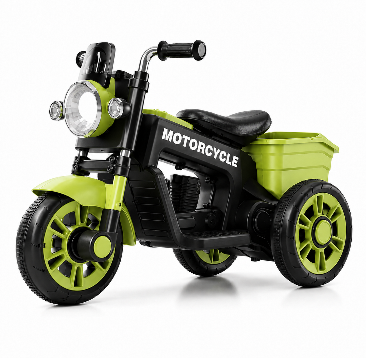 Motocicleta electrica retro 12V cu 3 roti, scaun din piele ecologica si compartiment de depozitare - Verde